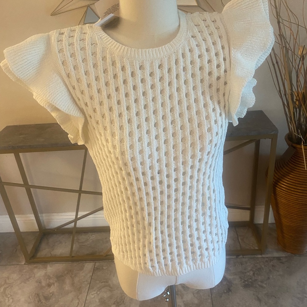 White Knit Ruffle Sleeve Top